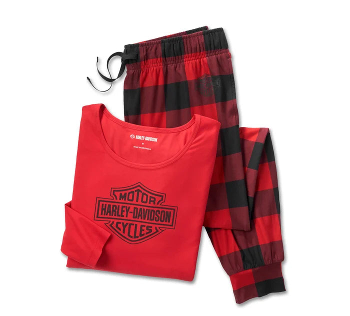 Women's Bar & Shield Plaid Long Sleeve Pyjama Set - Chili Pepper