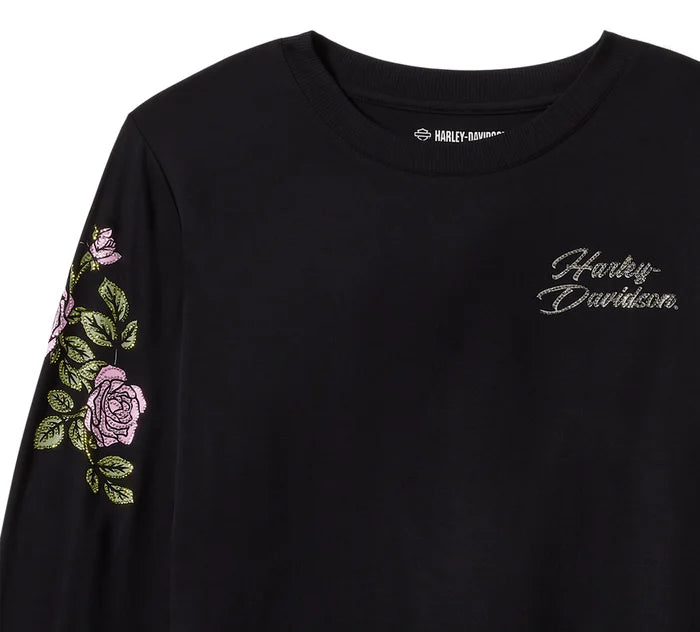 Women's Rose & Thorn Bling Long Sleeve Top - Harley Black