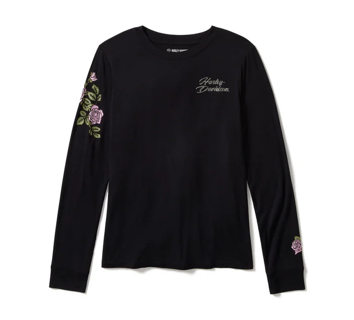 Women's Rose & Thorn Bling Long Sleeve Top - Harley Black
