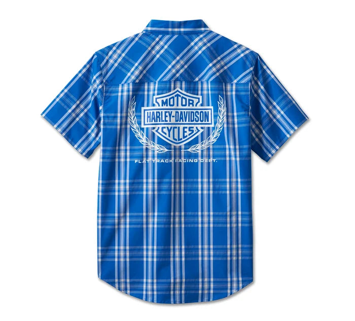 Men's Trophy Bar & Shield Short Sleeve Plaid Shirt - Blue Plaid