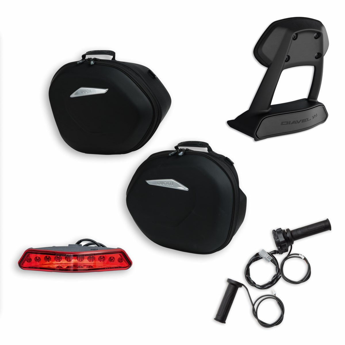 A set of black motorcycle accessories including heated handgrip set, pair of semi-rigid side panniers and rear backrest for a motorcycle.