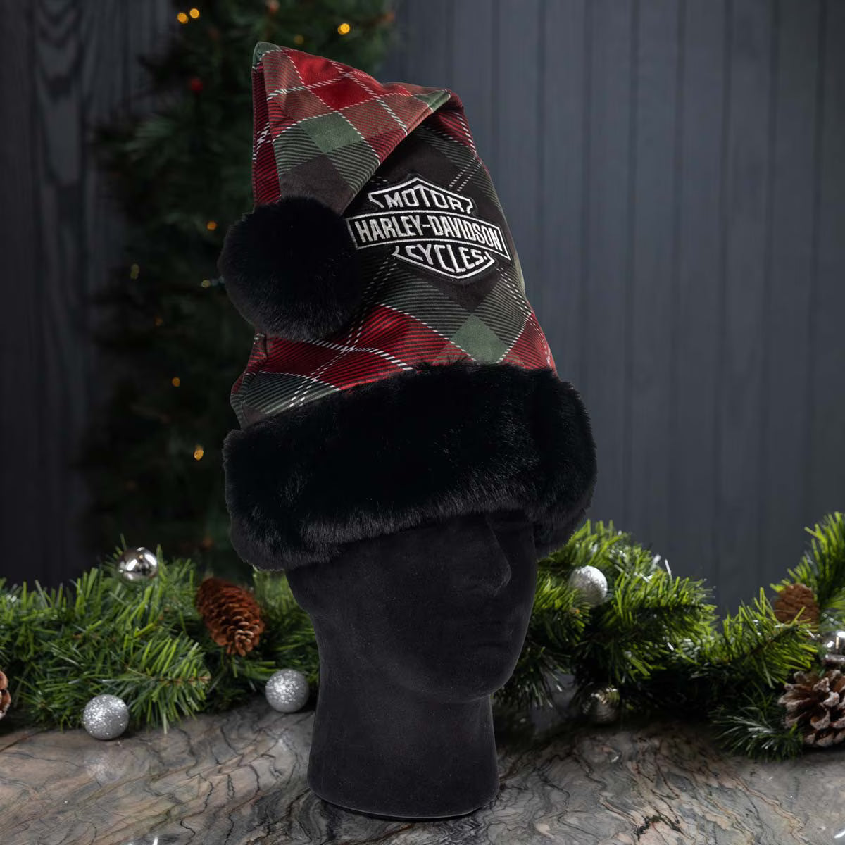 Embroidered Bar & Shield Logo Holiday Plaid Santa Hat