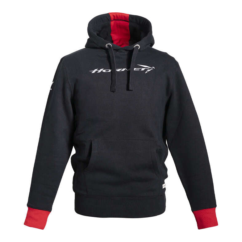 A black hoodie with red trim and the Honda logo on the upper left side.