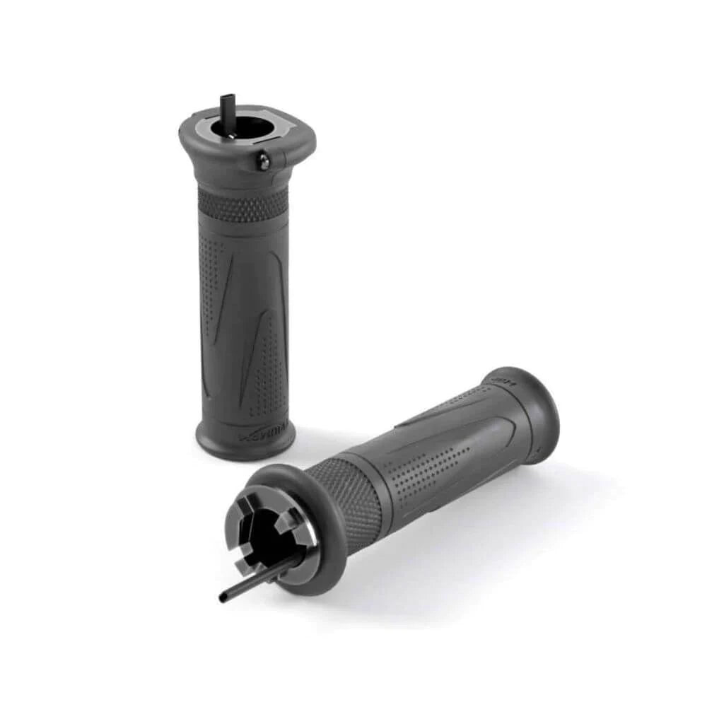 A pair of black heated motorcycle grips with wiring and mounting hardware