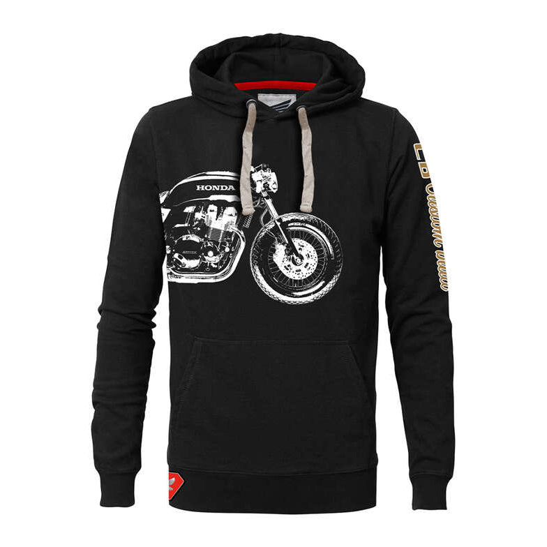 A black hoodie with a front pouch and a graphic print of vintage Honda motorcycles on the front.
