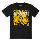 Black t-shirt with yellow abstract design and Ducati logo on a white background