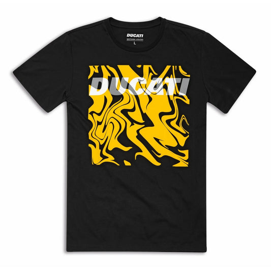 Black t-shirt with yellow abstract design and Ducati logo on a white background