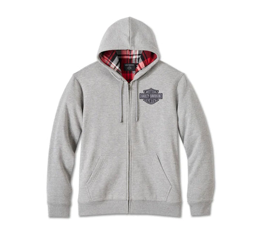 Bar & Shield Plaid Lined Zip-Up Hoodie - Grey Heather