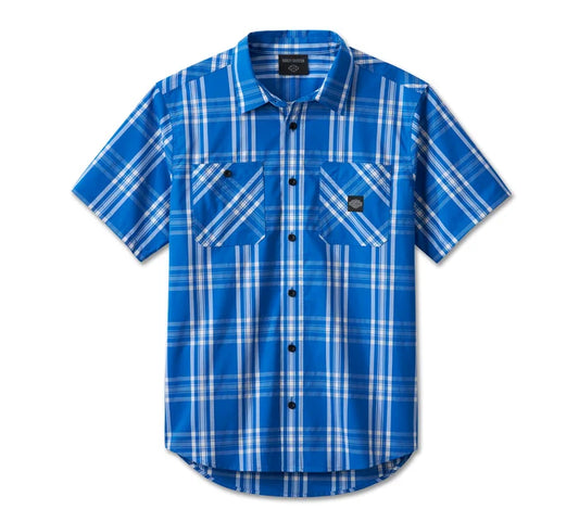 Men's Trophy Bar & Shield Short Sleeve Plaid Shirt - Blue Plaid