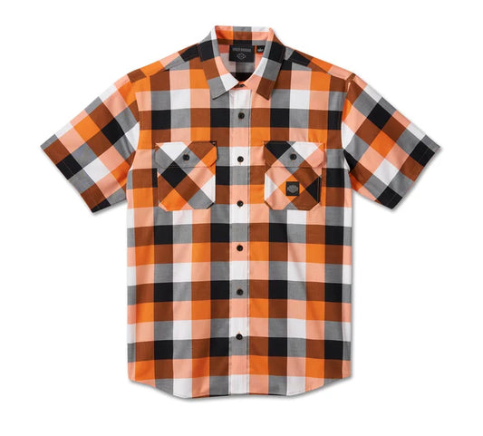 Men's Bar & Shield Wrinkle Resistant Short Sleeve Shirt - Orange Plaid