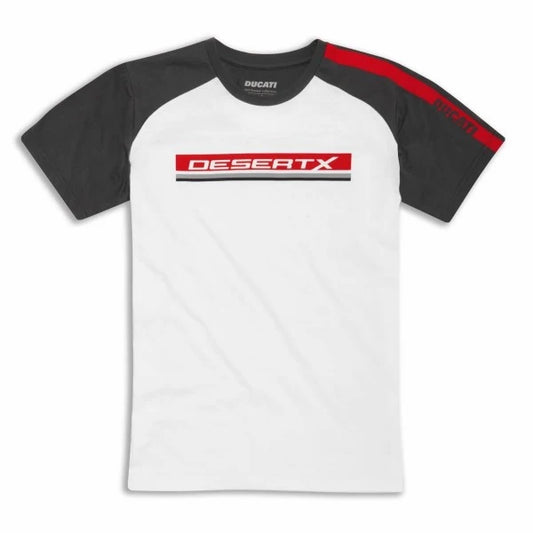 White and black t-shirt with red sleeves and 'Desert X' logo on a white background