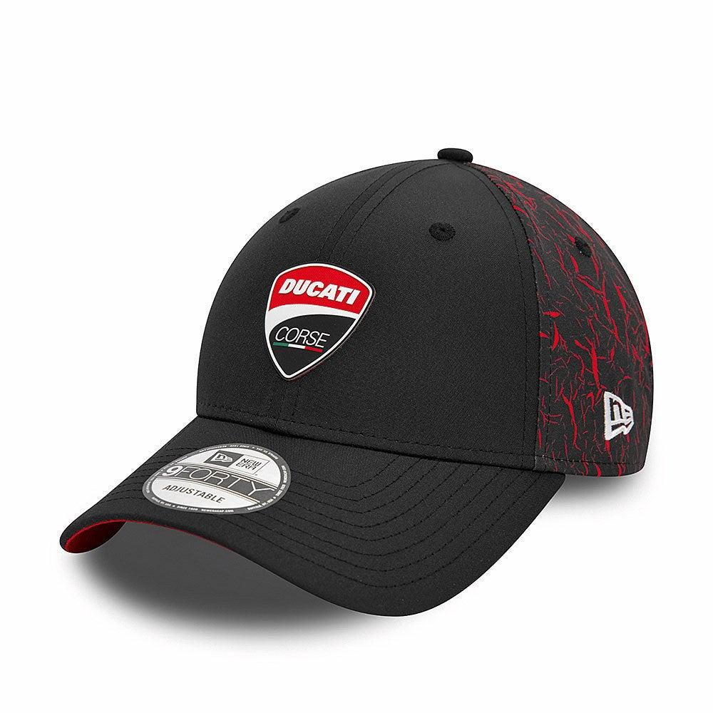 A black baseball cap with a Ducati logo on the front and red crinkle design on the side, featuring a New Era brim.
