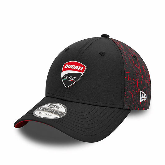 A black baseball cap with a Ducati logo on the front and red crinkle design on the side, featuring a New Era brim.