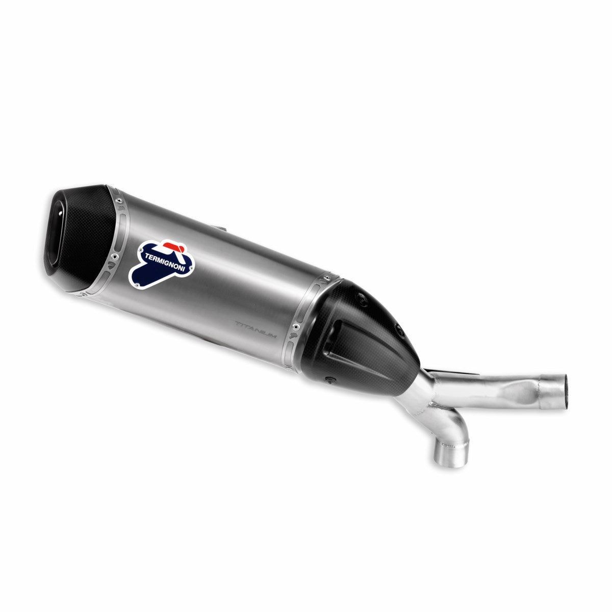 A Termignoni complete exhaust system for a Hypermotard motorcycle, featuring a Slip-On exhaust muffler with a black and silver color scheme, along with a high-performance air filter cover and rear LED turn indicators.