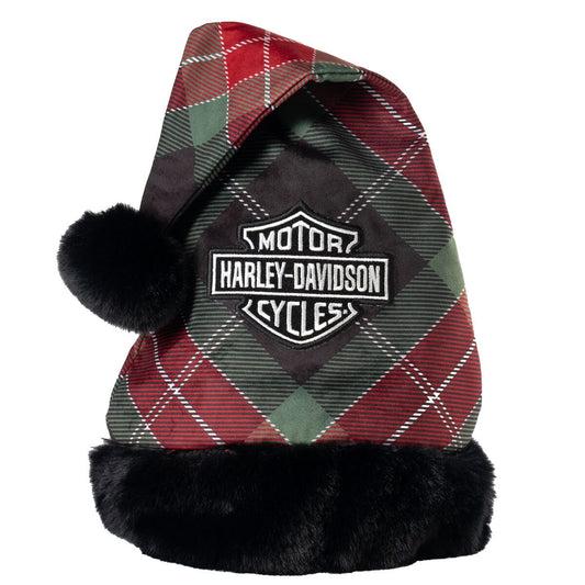 Embroidered Bar & Shield Logo Holiday Plaid Santa Hat