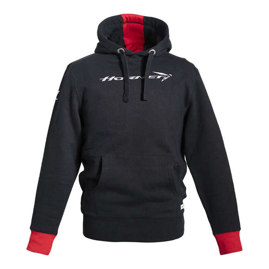 A black hoodie with red trim and the Honda logo on the upper left side.