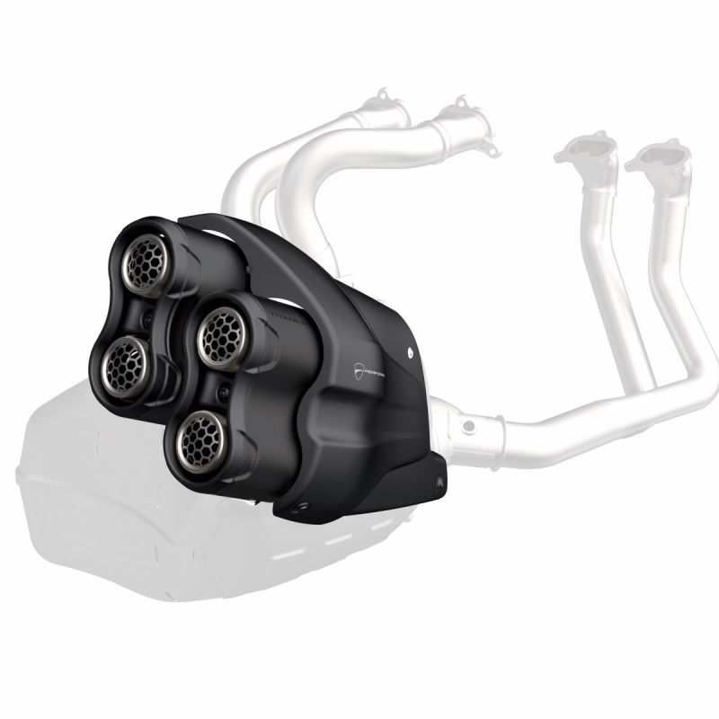A black Diavel V4 exhaust silencer cover with titanium endcaps and anodised aluminium heat guard, designed for homologated exhaust systems.